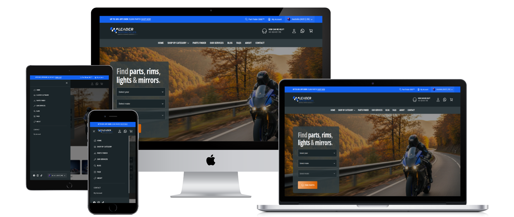 Leader Motorcycles Shopify e-commerce website - motorcycle parts Sydney